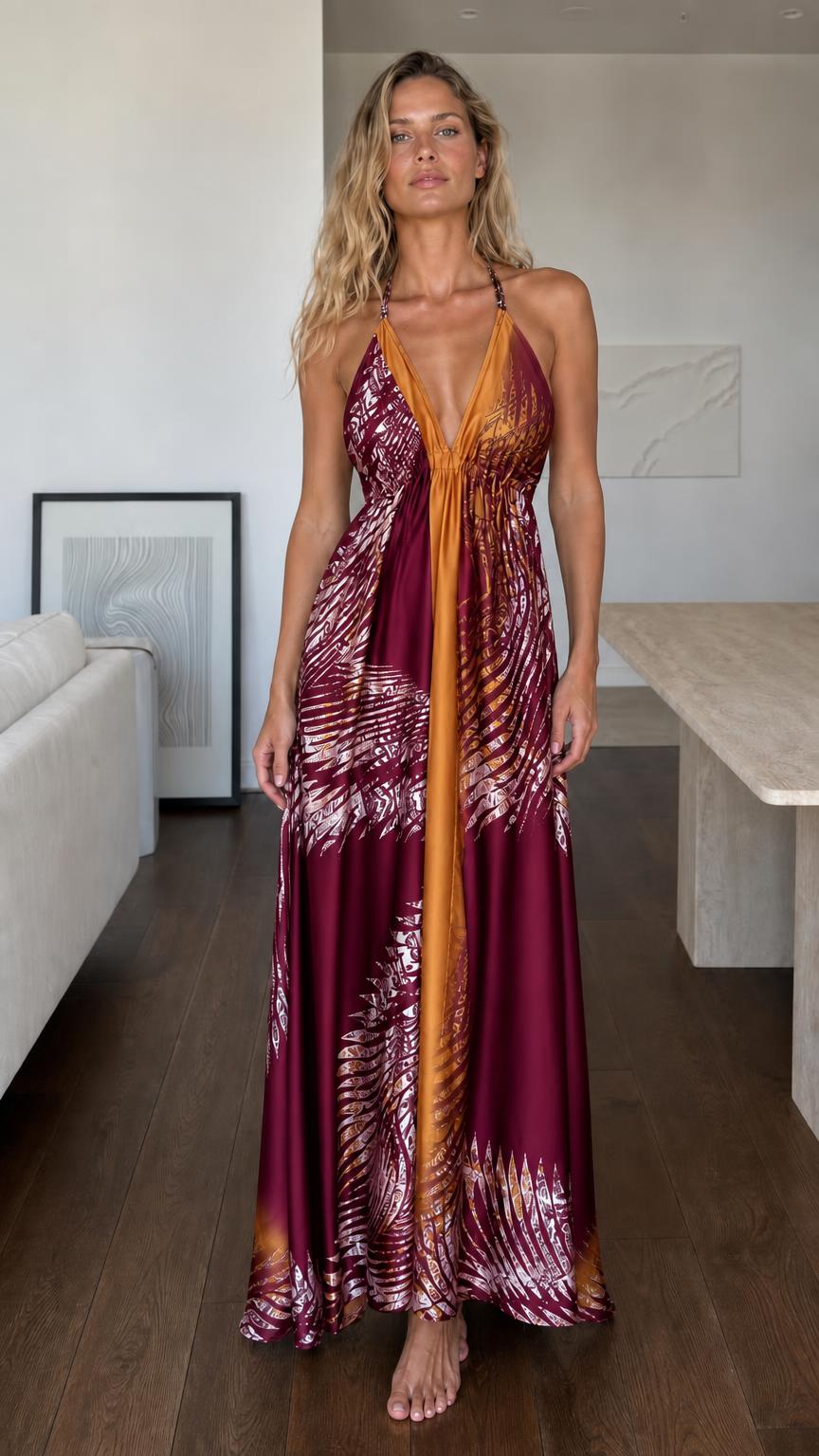 Model wearing Burgundy halter neck printed maxi dress, front view