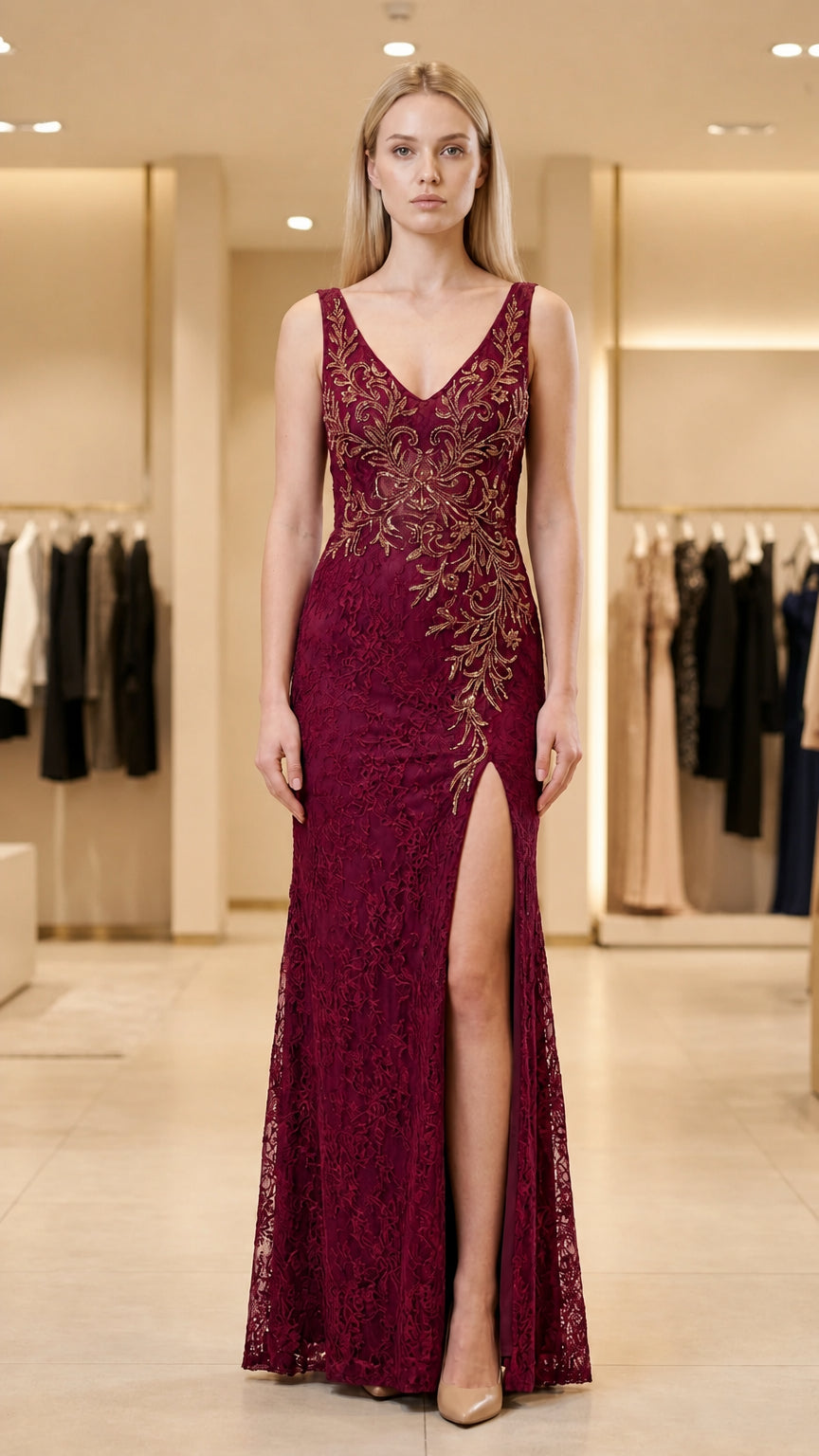 Front view of burgundy evening gown with sequin embroidery