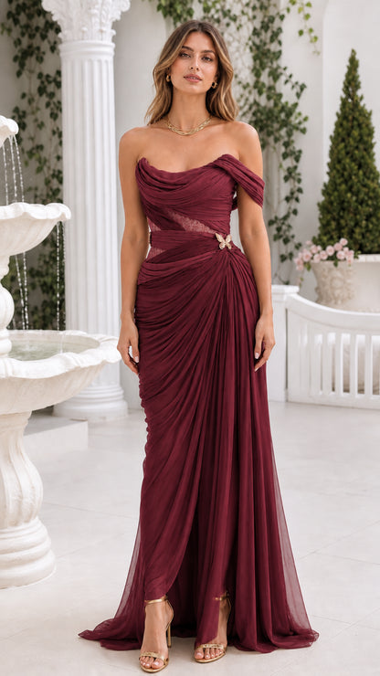 Front view of rich burgundy wine off-the-shoulder evening dress with butterfly hardware