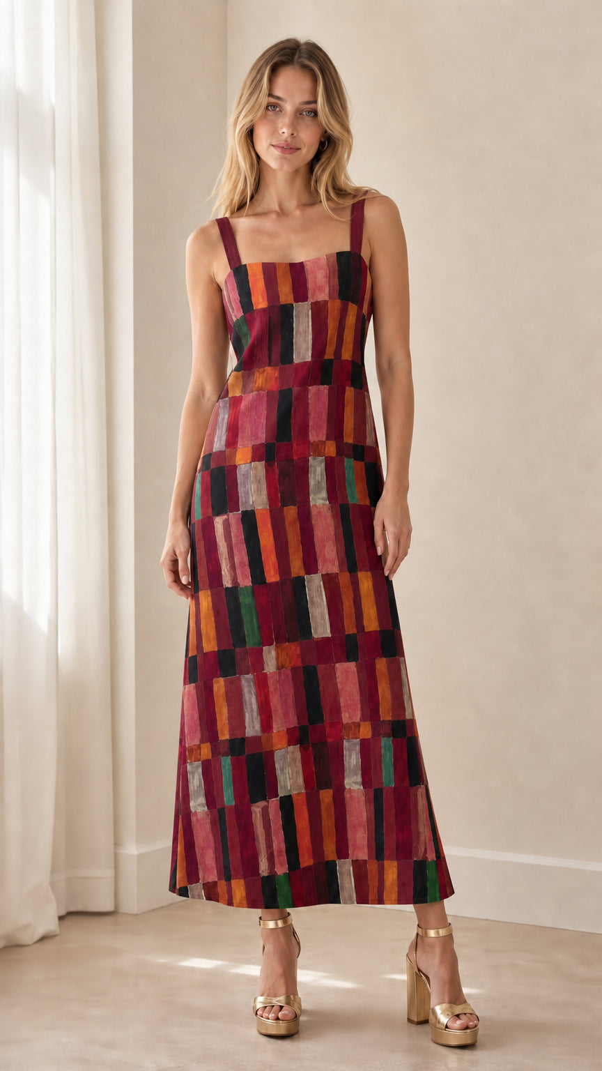 Front view of woman wearing Wine Multi geometric square neck sleeveless maxi dress