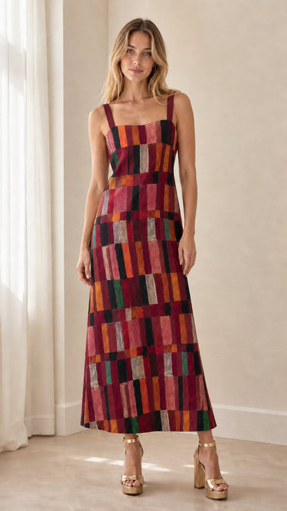 Front view of woman wearing Wine Multi geometric square neck sleeveless maxi dress