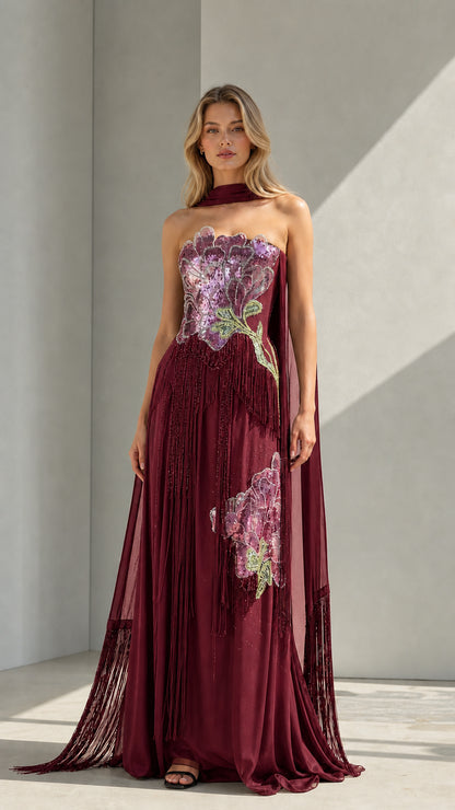 Front view of burgundy evening gown
