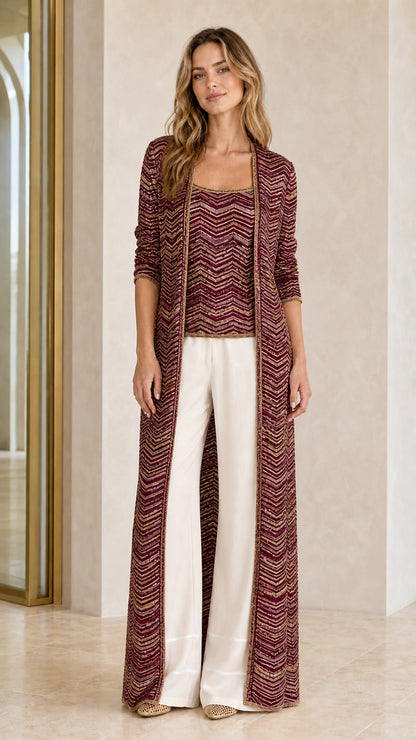 Metallic chevron knit long duster cardigan and tank set in burgundy