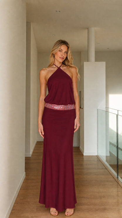 Front view of Burgundy halter neck maxi dress