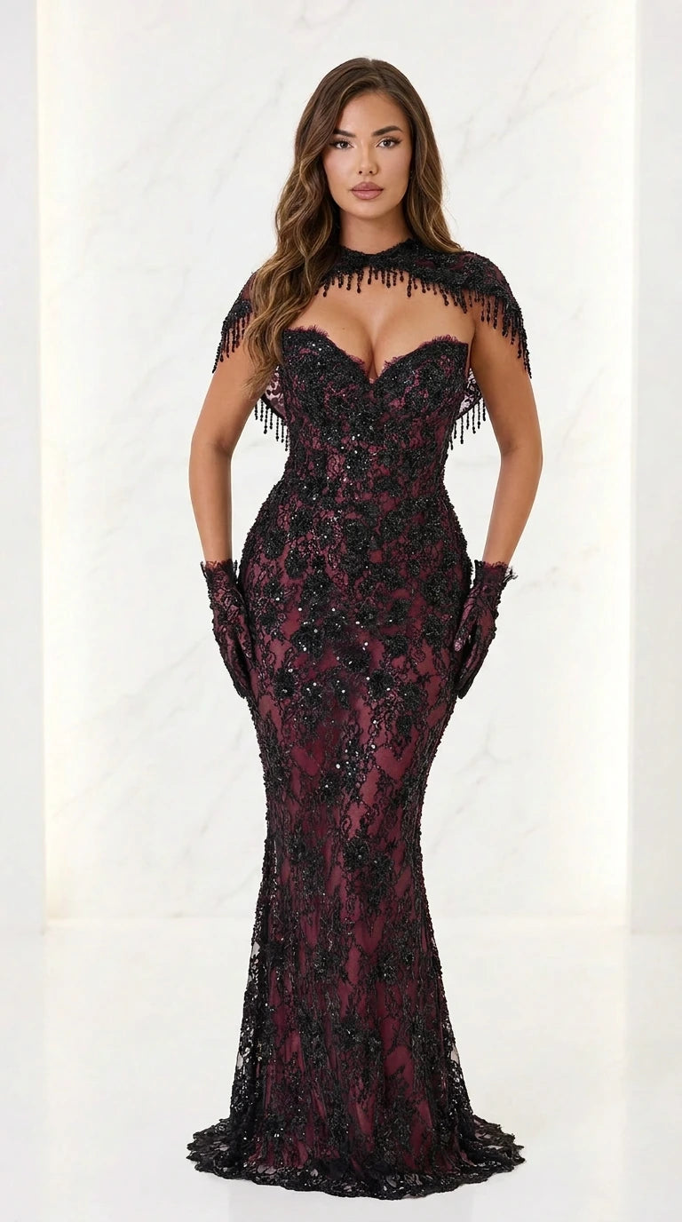 Front view of burgundy variant evening gown