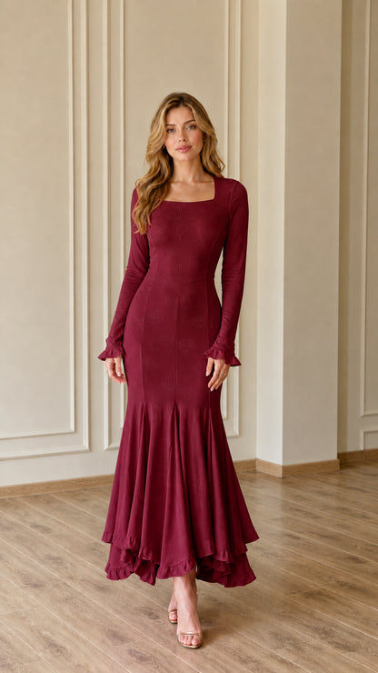 Burgundy square neck long sleeve mermaid maxi dress