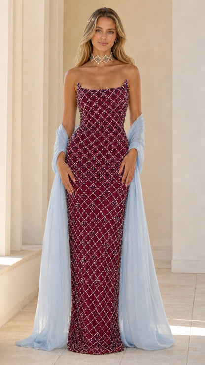 Front view of burgundy crystal embellished evening gown
