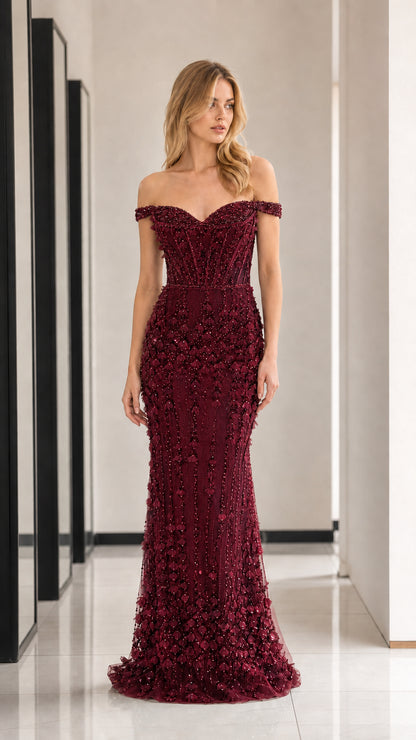 Burgundy off-shoulder beaded evening gown