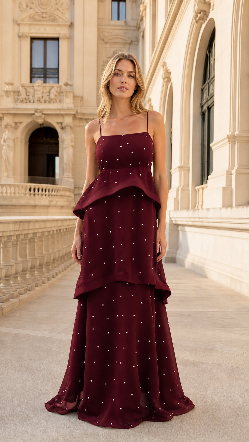 Burgundy color variant of the evening gown