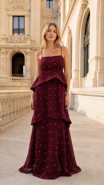 Burgundy color variant of the evening gown