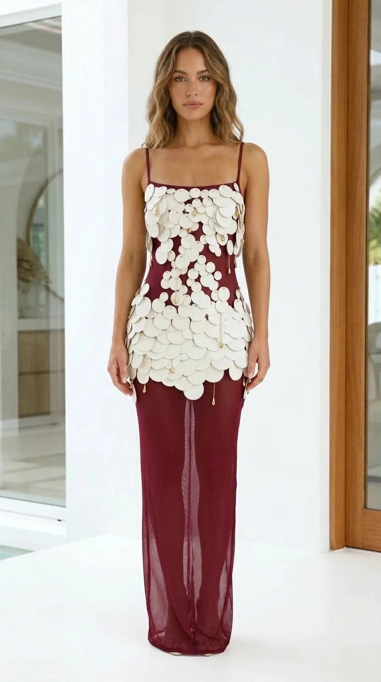 Front view of burgundy embellished sheer mesh maxi dress