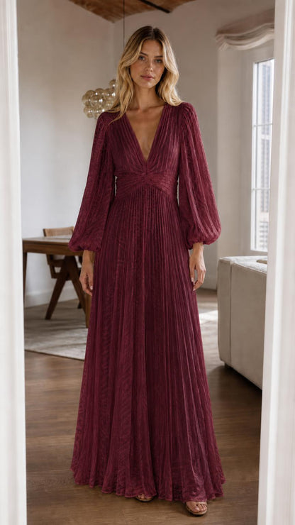 Front view of burgundy pleated long sleeve maxi dress
