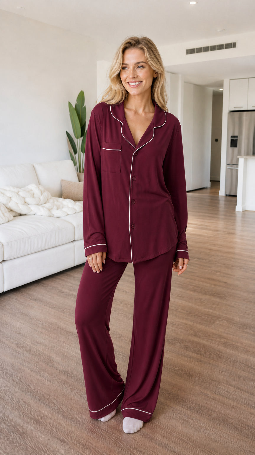 Front view of model wearing deep burgundy long sleeve pajama set with white piping