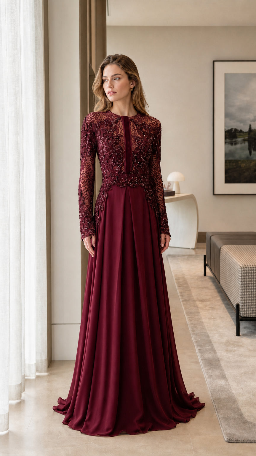 Front view of model wearing the burgundy color variant evening gown