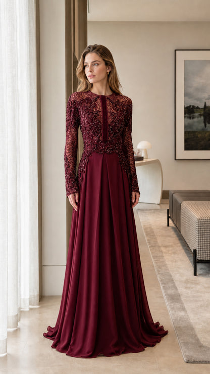 Front view of model wearing the burgundy color variant evening gown