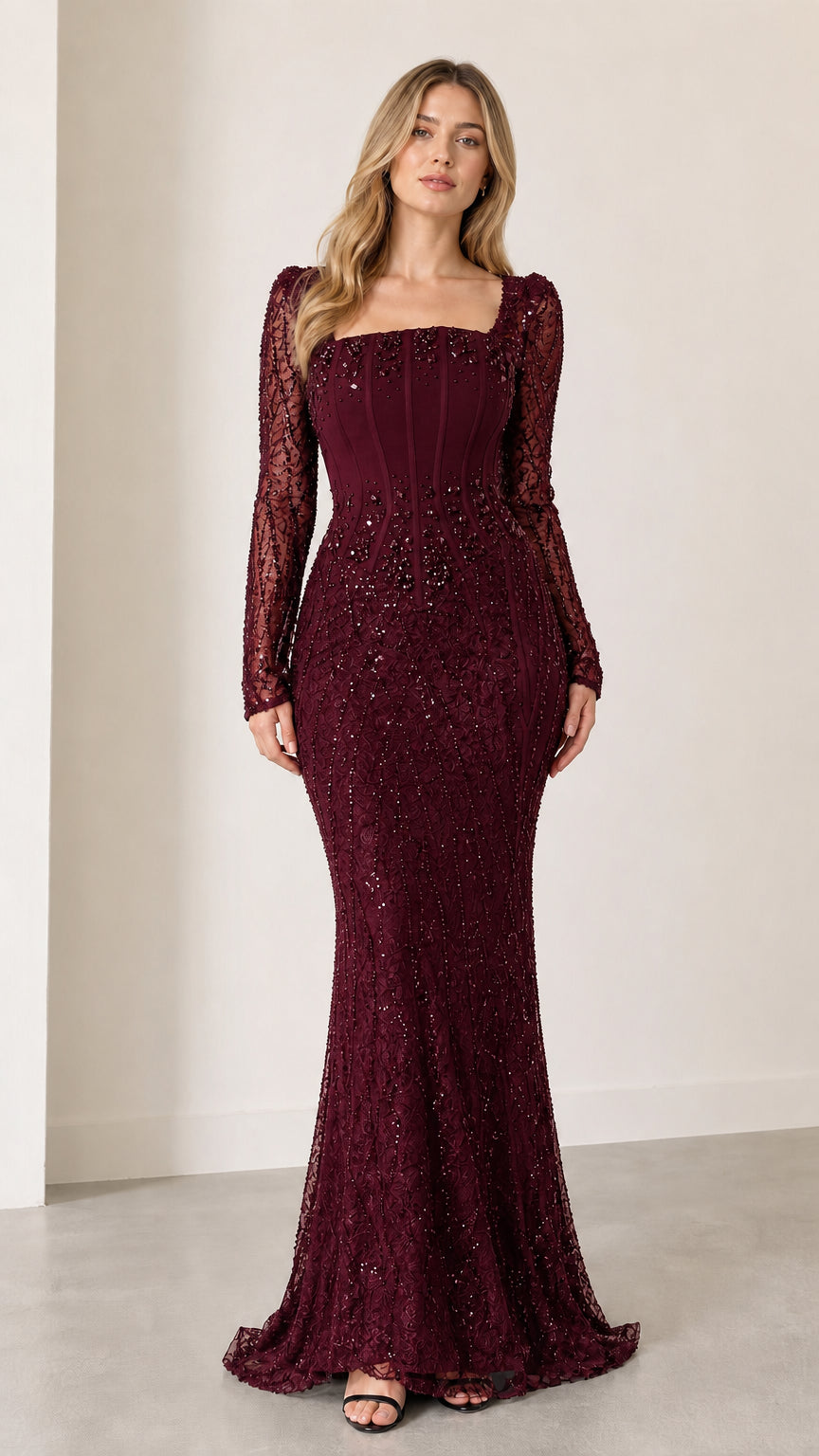 Full front view of deep burgundy wine beaded square neck evening gown