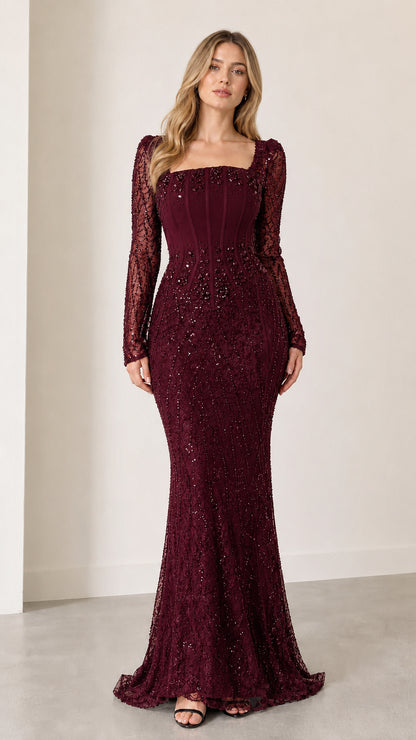 Full front view of deep burgundy wine beaded square neck evening gown