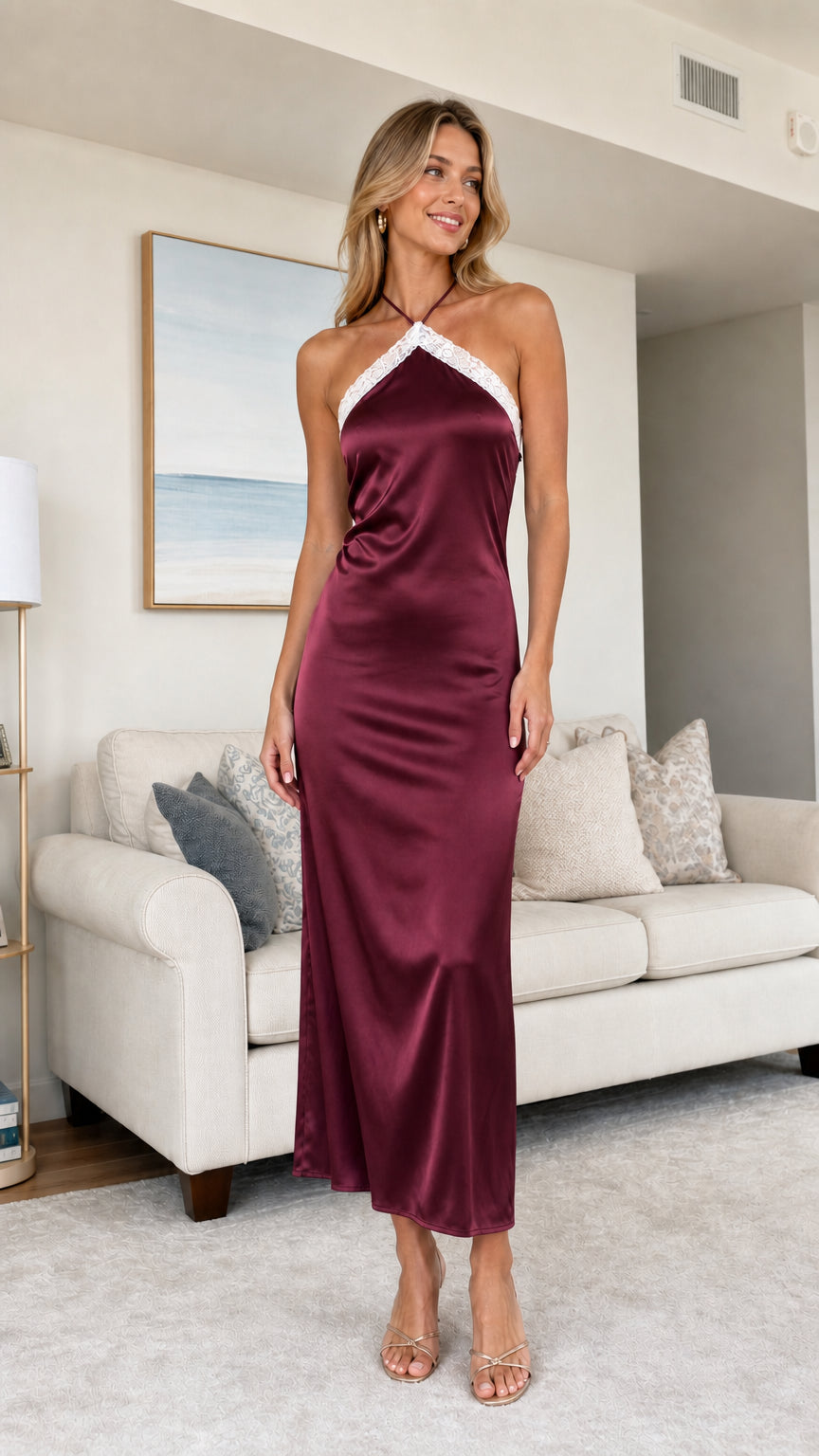 Front view of burgundy satin halter midi dress