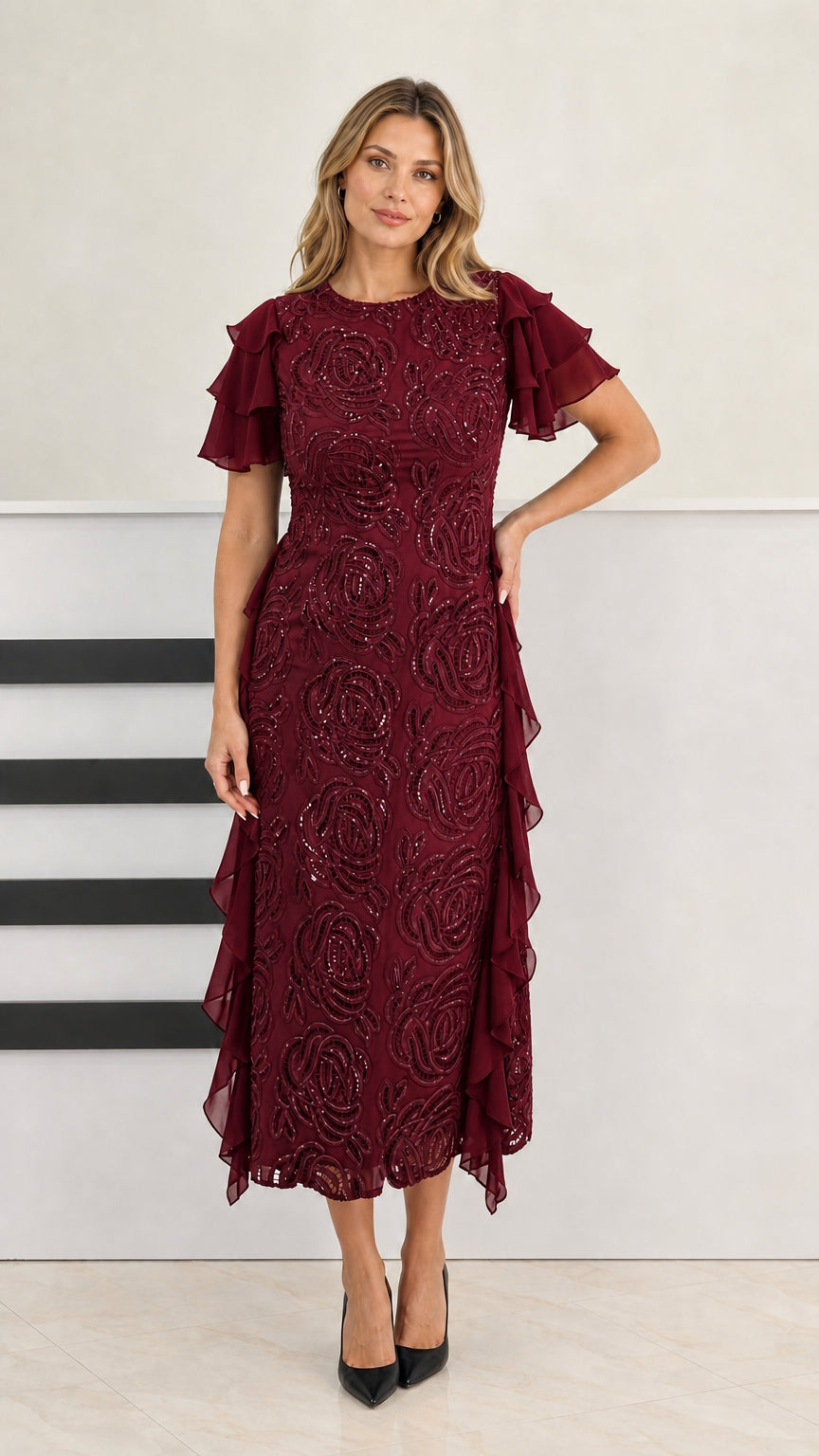 Model wearing burgundy beaded midi dress