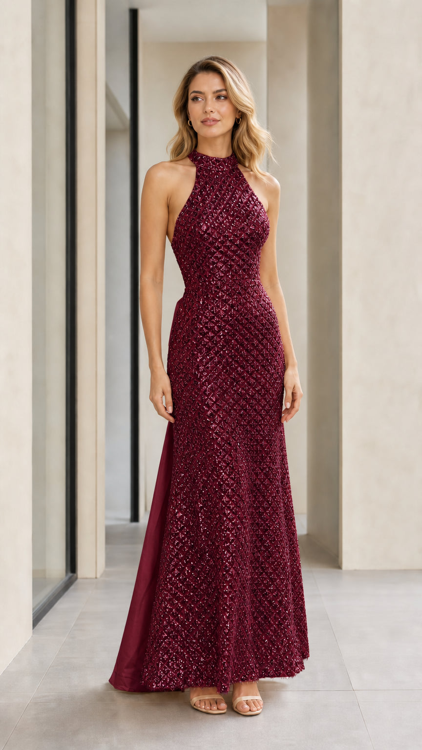 Front view of burgundy sequin evening gown