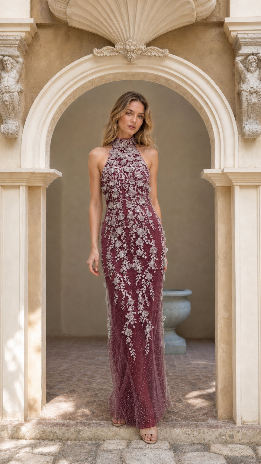 Front view of burgundy embroidered halter maxi dress