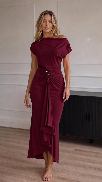 Full view of model wearing the burgundy color variant