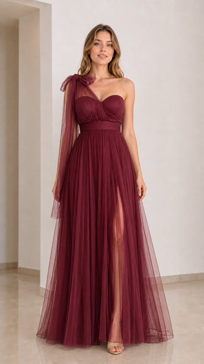 Burgundy one-shoulder tulle maxi dress