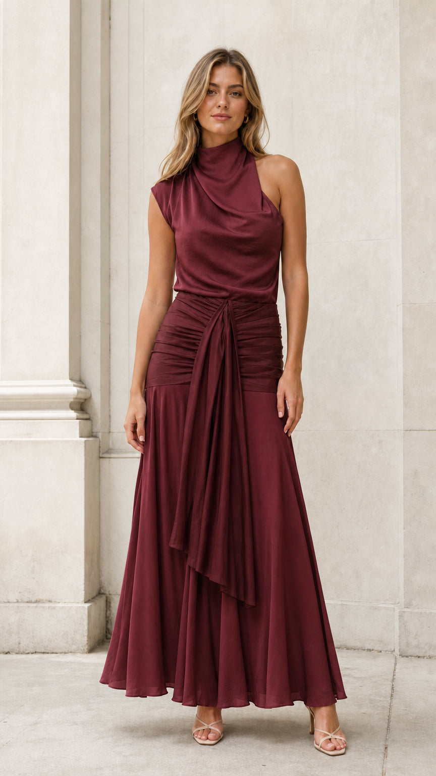 Elegance Drape Maxi Dress in burgundy