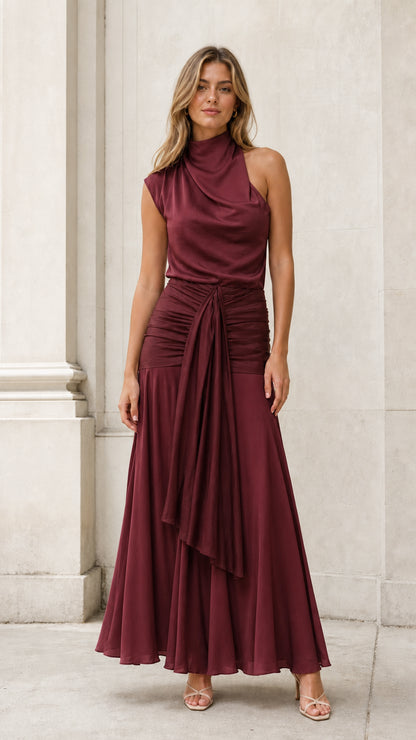 Elegance Drape Maxi Dress in burgundy