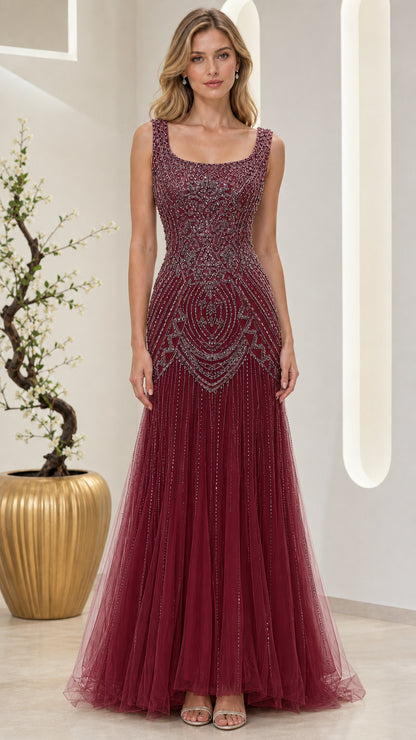 Full-length front view of burgundy wine beaded floor-length gown