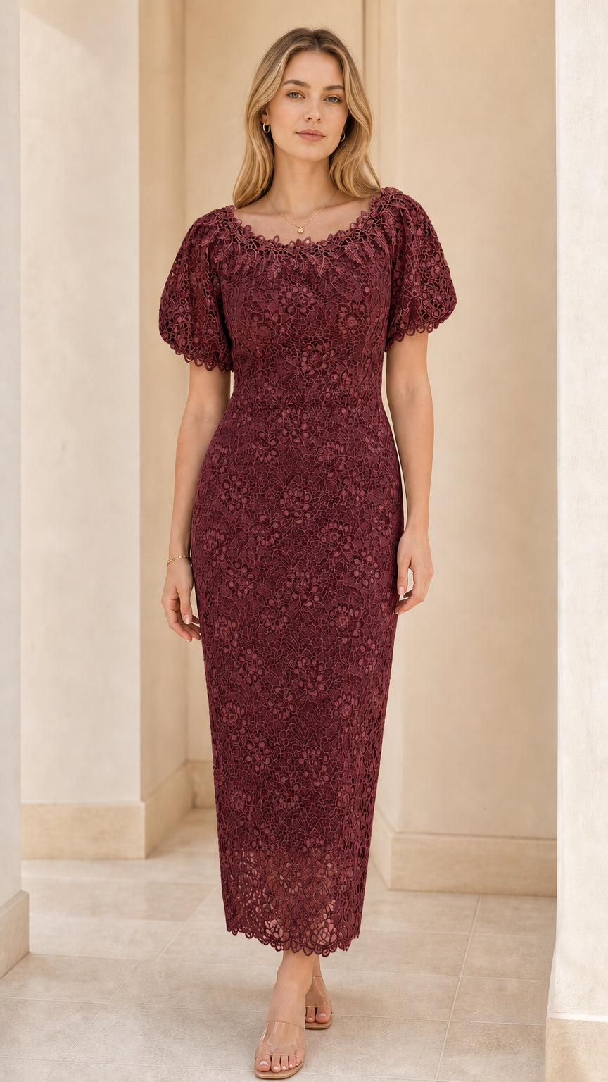 Front view of woman wearing burgundy lace column midi dress