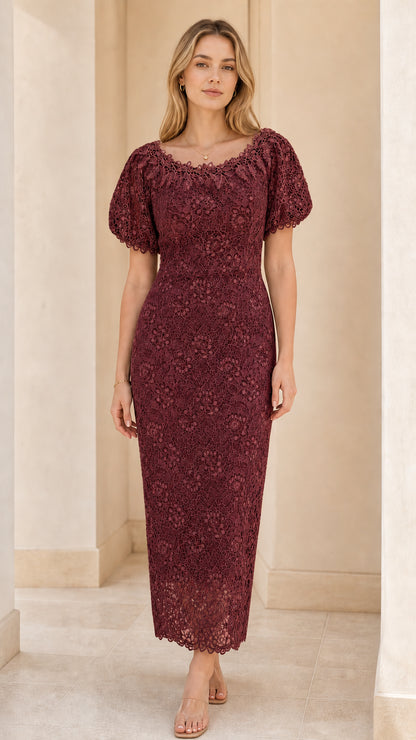 Front view of woman wearing burgundy lace column midi dress