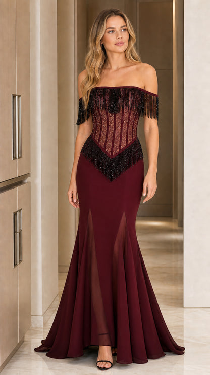 Burgundy off-shoulder mermaid evening dress