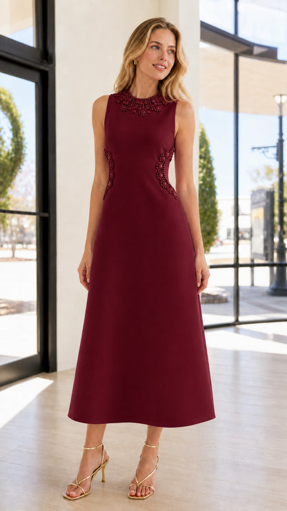 Front view of burgundy beaded cutout midi dress