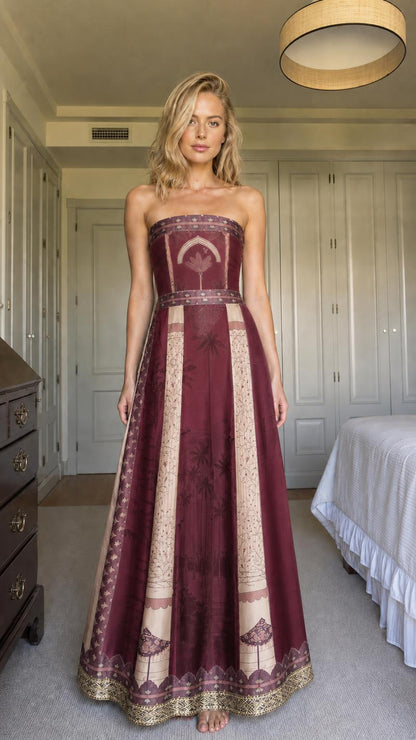 Front view of model wearing burgundy strapless printed maxi dress