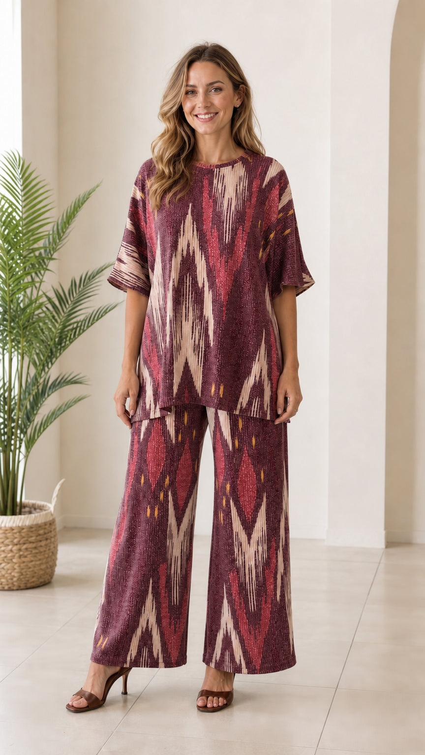 Woman wearing wine red ikat print tunic top and matching wide leg pants
