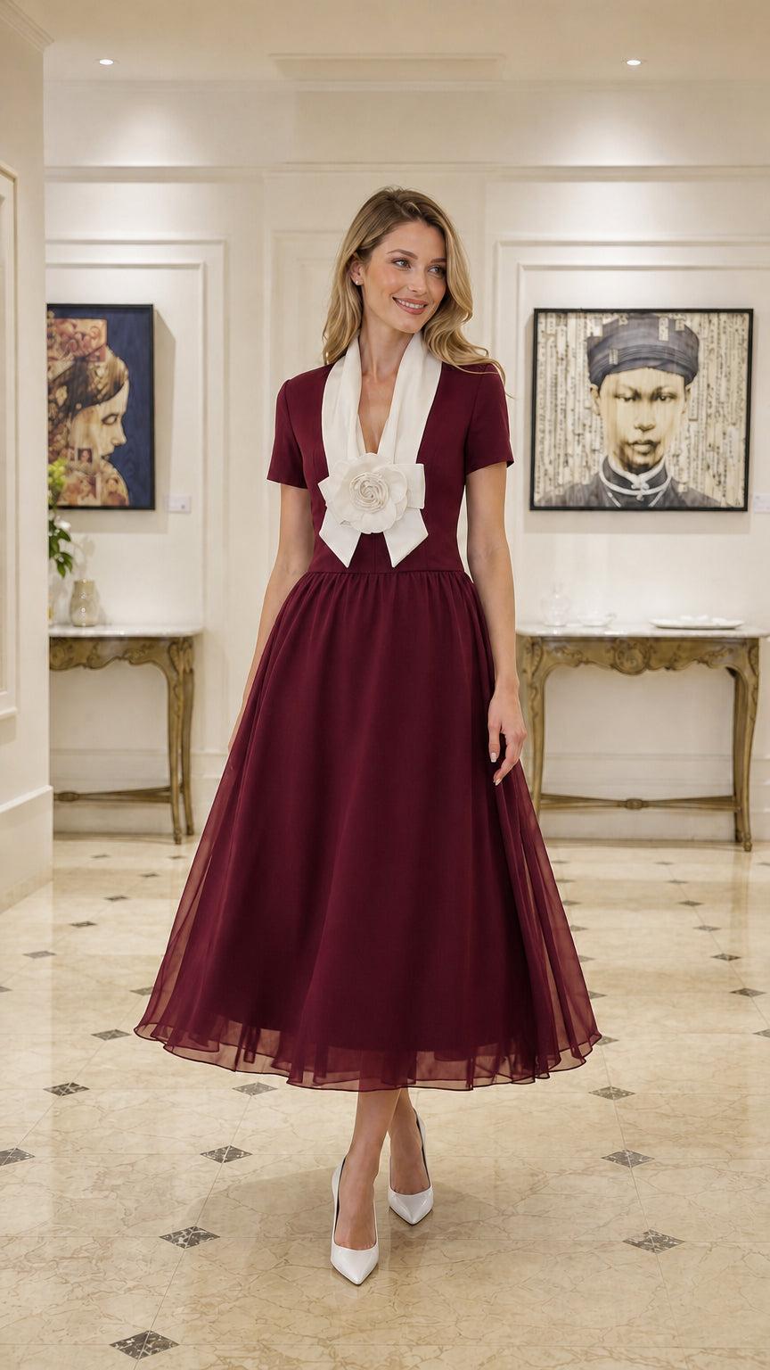 Front full view of Burgundy tulle midi dress
