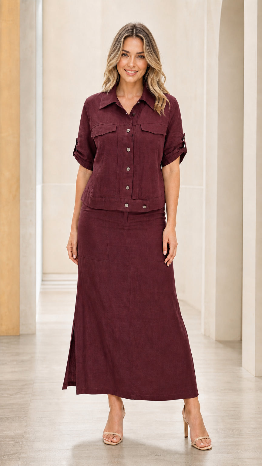 Front view of woman wearing burgundy two-piece set