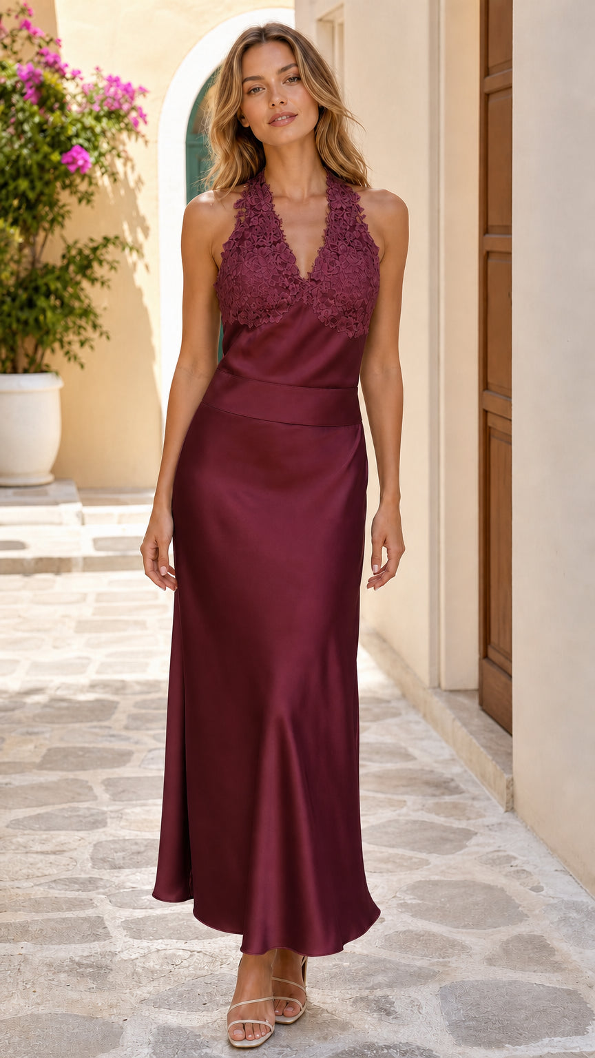 Burgundy wine lace halter satin maxi dress on model