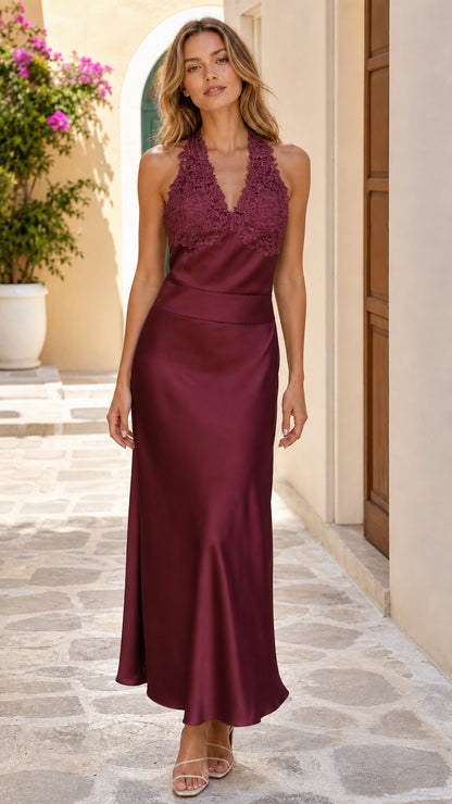 Burgundy wine lace halter satin maxi dress on model