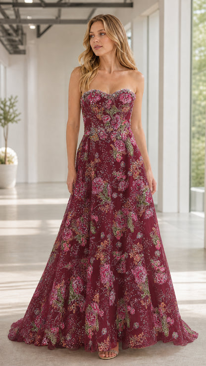 Front view of burgundy floral embroidered strapless evening gown