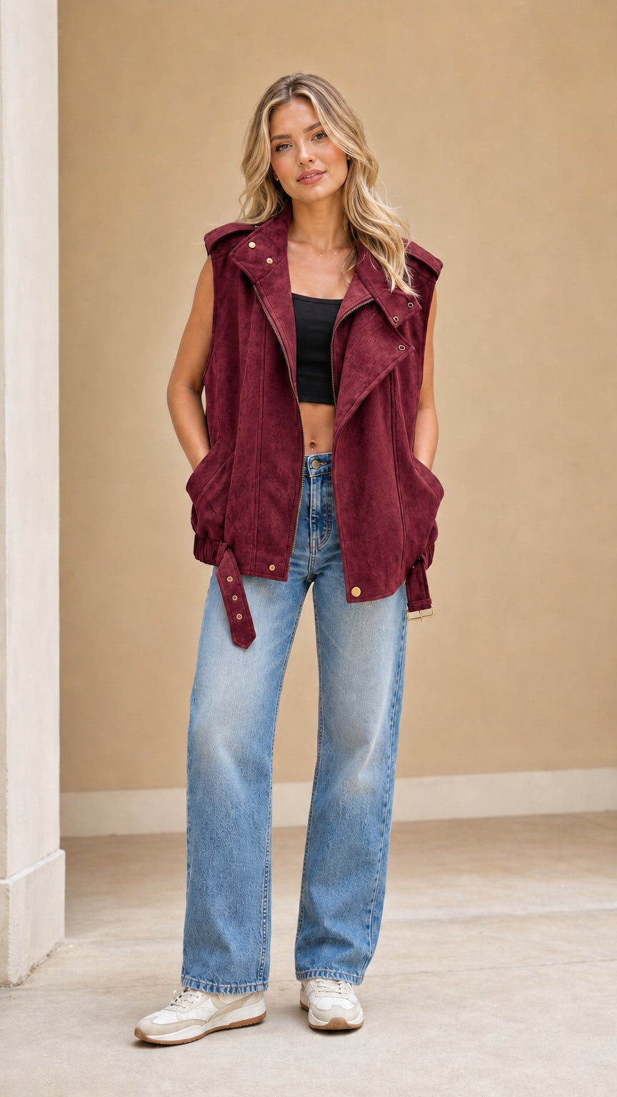 Model wearing burgundy wine red faux suede sleeveless moto biker vest with blue jeans
