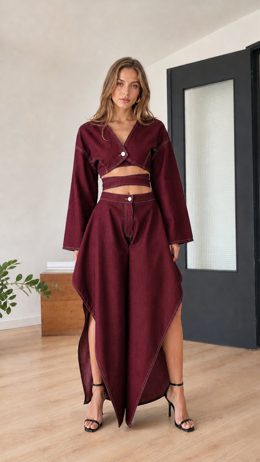 Model wearing burgundy two-piece crop top and skirt set