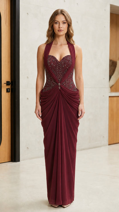 Burgundy wine red halter neck beaded formal gown - front view