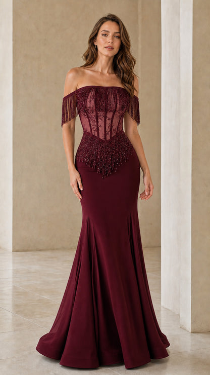 Burgundy off-shoulder beaded evening dress