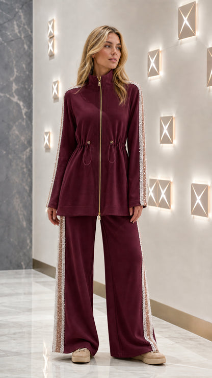 Model wearing Burgundy wine red two-piece loungewear set with wide pants