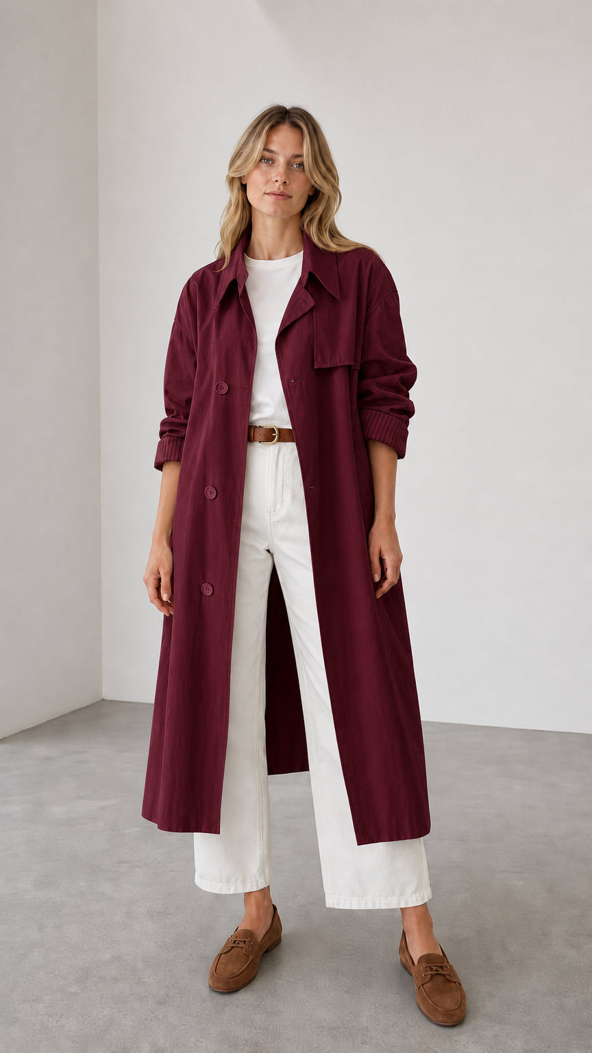 Front full view of woman wearing burgundy trench coat