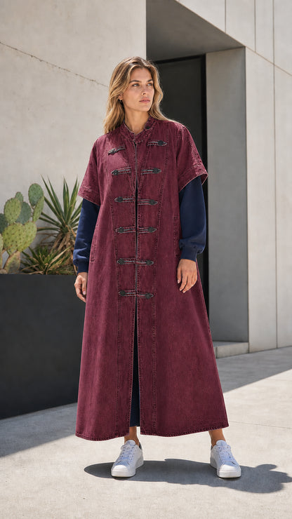 Full front view of burgundy wine red denim maxi duster vest coat