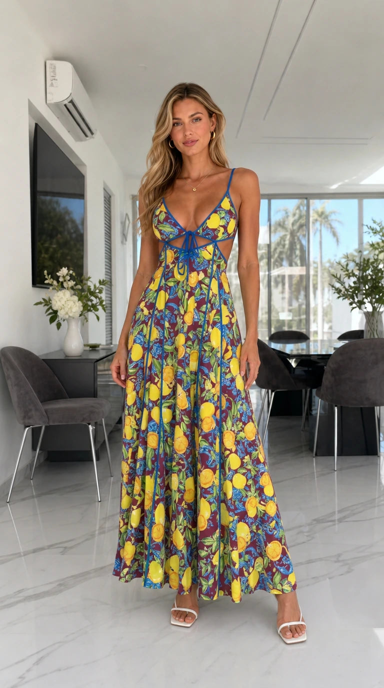 Model wearing dark plum background lemon print cutout maxi dress