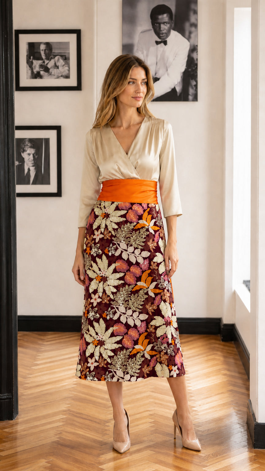 Front view of model wearing burgundy floral variation